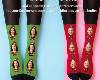Personalized Christmas Socks with Custom Face Santa and Elf Cartoon Characters Funny Photo Gift Stocking Stuffer Holiday Sock for Him or Her