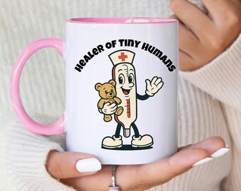 Healer of Tiny Humans Pediatric Nurse Mug Cute Retro Cartoon Coffee Cup for Nurses Nursing Students and Medical Staff
