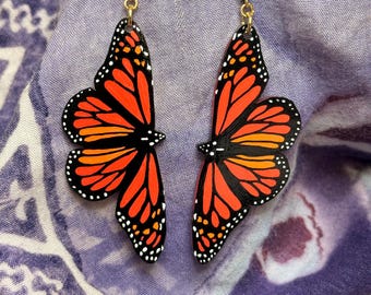 Hand Painted Red-Orange Monarch Butterfly Earrings approximately 3.5” long, size large