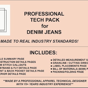May include: A peach-colored graphic with the text "PROFESSIONAL TECH PACK for DENIM JEANS." Includes pages for style summary, construction details, waistbands, pockets, and interior details. Made to industry standards. Includes an Adobe Illustrator logo.