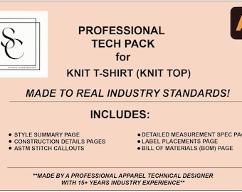 Professional Knit Tee Tech Pack Template | Editable Adobe Illustrator | Industry-Built Production System