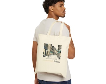 Tygväska i bomullscanvas med vintagemotiv och illustrationer av huvudgatan | Grunderna i stadsgatan