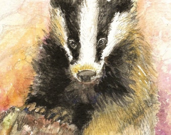 Badger painting watercolor original autumn