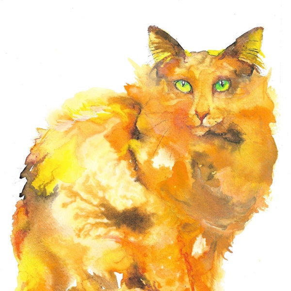 Cat painting yellow original watercolor