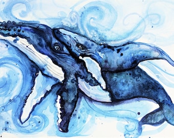 Whale and calf painting original watercolor