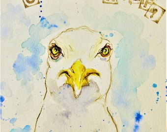 Mouette peignant l'art humoristique original d'aquarelle