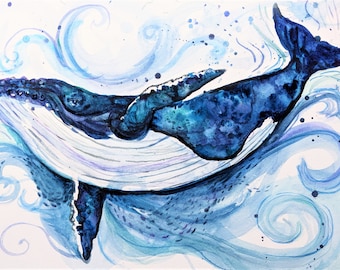 Humpback Blue Whale Original Watercolor Painting Ocean Whale Painting ...