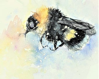 Pintura de abejorro, acuarela original en arte de insectos en vuelo