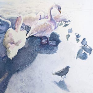 Swan painting original watercolor birds