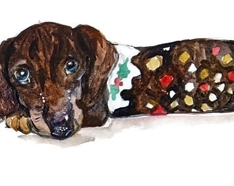 Sausage dog Daschund painting watercolor original festive christmas