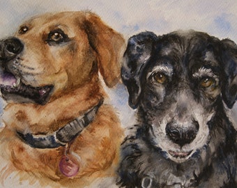 Double pet portrait watercolor original commission 11 by 16 inches