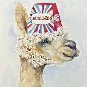 Alpaca painting original watercolor popcorn head