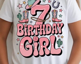 Western Cowgirl Birthday Girl PNG, 7th Birthday Graphic (Digital Download)