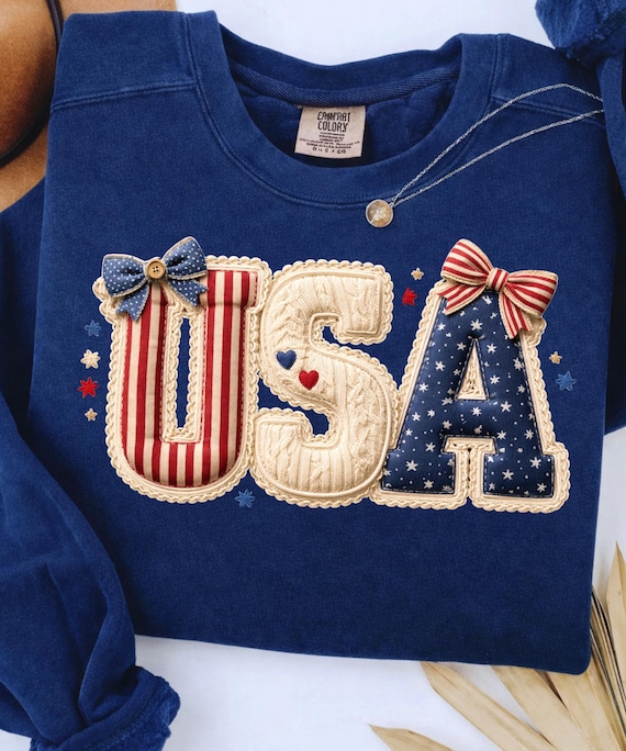 USA Patchwork Letters PNG, Patriotic Bow Graphic, 4th of July Sublimation (Digital Download)
