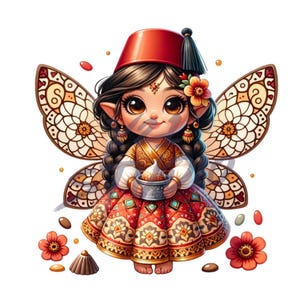 May include: A digital illustration of a fairy with large eyes, wearing a red fez hat and a patterned dress. The fairy has large, detailed butterfly wings and is holding a small silver bowl. Decorative flowers and embellishments surround the fairy.