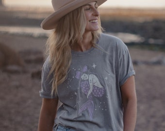 Grey Acid Wash 'Sweet Dreams' Womens Mermaid T-Shirt by Art Disco