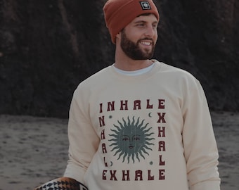 Slogan 'Inhale Exhale' Mens Print Sweatshirt in Coconut Milk by Art Disco