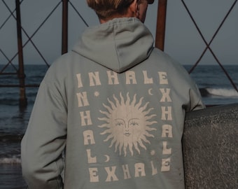 Hooded 'Inhale Exhale' Sweatshirt Hoodie in Sunfaded Seafoam Green by Art Disco