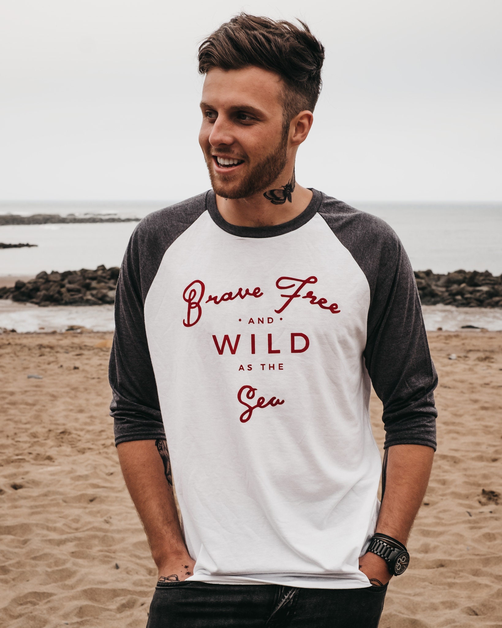 Image of 3/4 Sleeve "Brave Free Wild As The Sea' Baseball T-Shirt By Art Disco