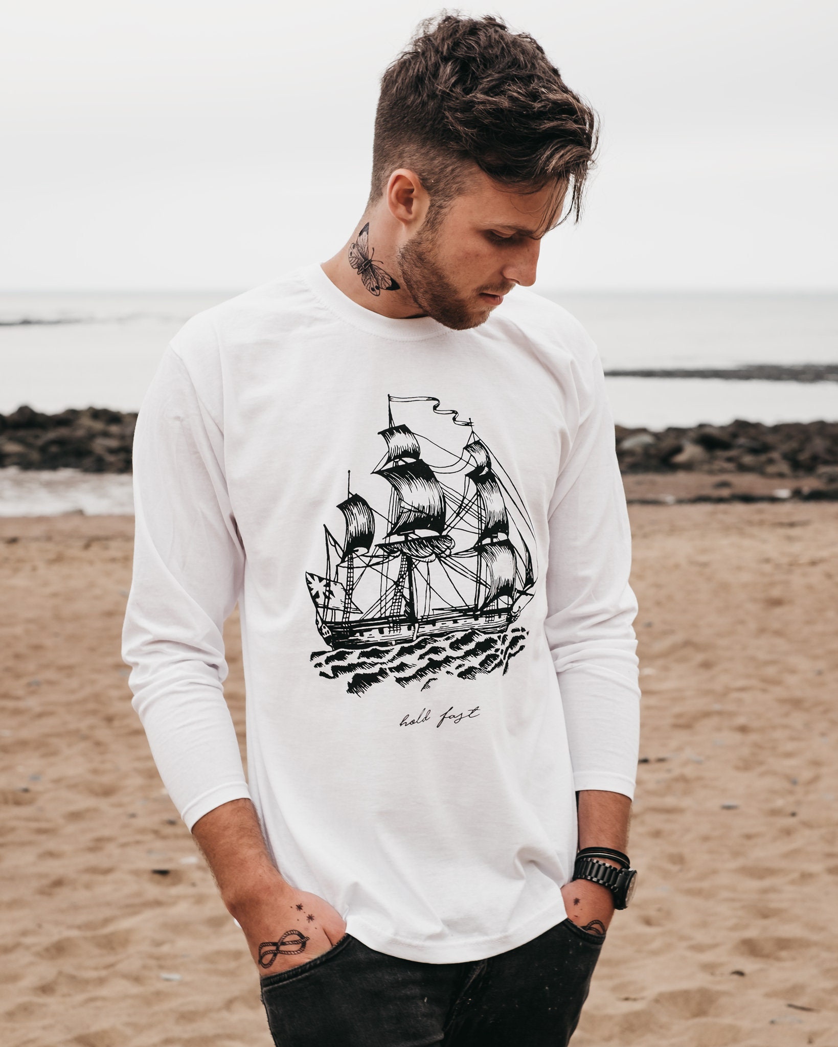 Image of Hand Printed "Hold Fast' Ship Long Sleeve T-Shirt By Art Disco