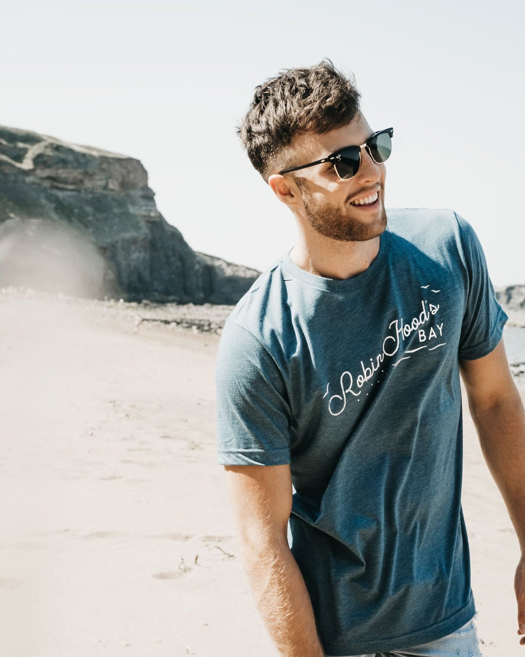 Image of Printed "Robin Hood's Bay' Retro Blue T-Shirt By Art Disco