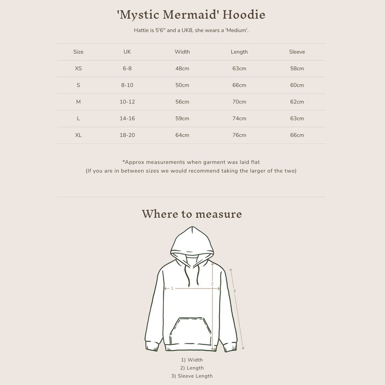 Sizing guide for the Mystic Mermaid Pink Hoodie by Art Disco