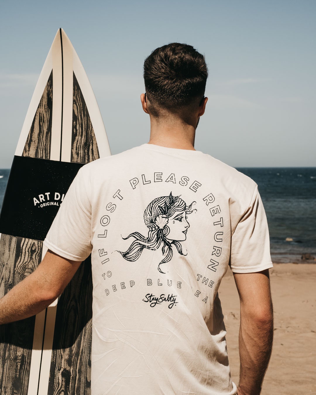 Image of Printed "Deep Blue Sea' Slogan Mermaid Sand T-Shirt By Art Disco