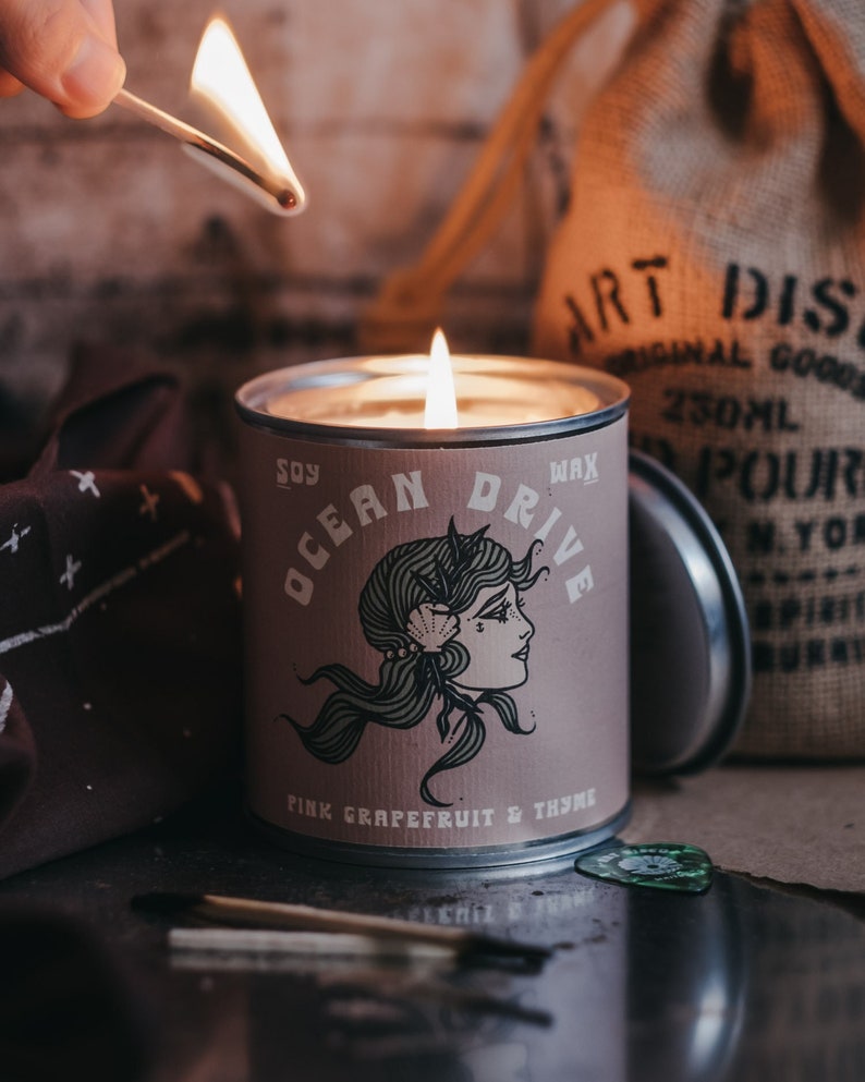 Soy wax "Ocean Drive" candle, hand poured in Whitby North Yorkshire by Art Disco