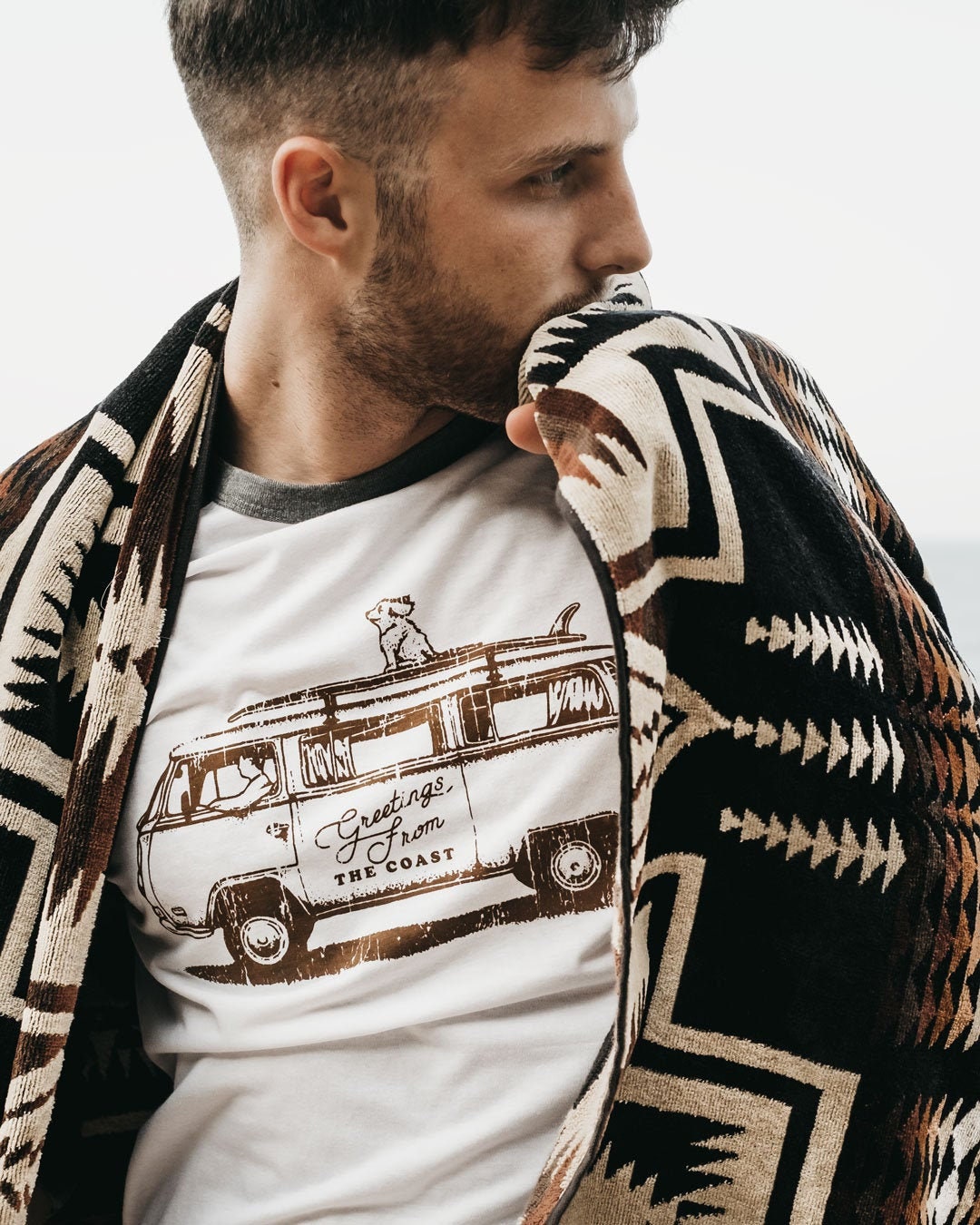 Image of 3/4 Sleeve "Greetings From The Coast' Dog & Camper Van Baseball T-Shirt By Art Disco