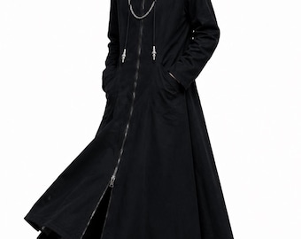 Kingdom Hearts Organization XIII Inspired Long Hooded Trench Coat, Black Cloak with Chain, Oversized Cosplay Jacket