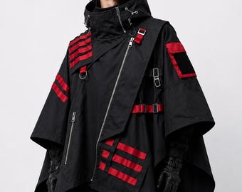 Cyberpunk Techwear Hooded Poncho Cloak | Black Red Tactical Utility Cape | Futuristic Streetwear Jacket | Gothic Techwear Outfit