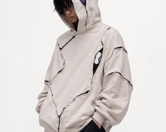 Ghostfreak Inspired Hoodie, Distressed Patchwork Sweatshirt, Cut & Sew Streetwear Hoodie, Anime Inspired Oversized Hoodie, Gothic Pullover