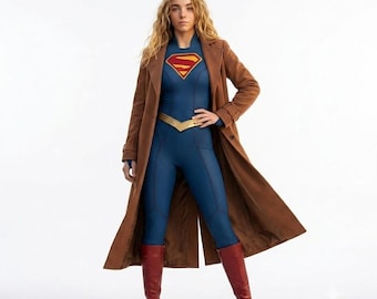 Superheroine 2026 Kara Zor-El Hooded Coat | Women Cosplay Long Trench Coat | Super Hero Inspired Brown Coat | Halloween Costume Jacket