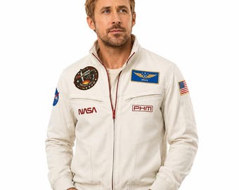 Project Hail Mary Inspired White Bomber Jacket, Space Mission Sci-Fi Cosplay Outfit