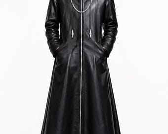 Kingdom Hearts Organization XIII Inspired Long Hooded Trench Coat, Black Cloak with Chain, Oversized Cosplay Jacket