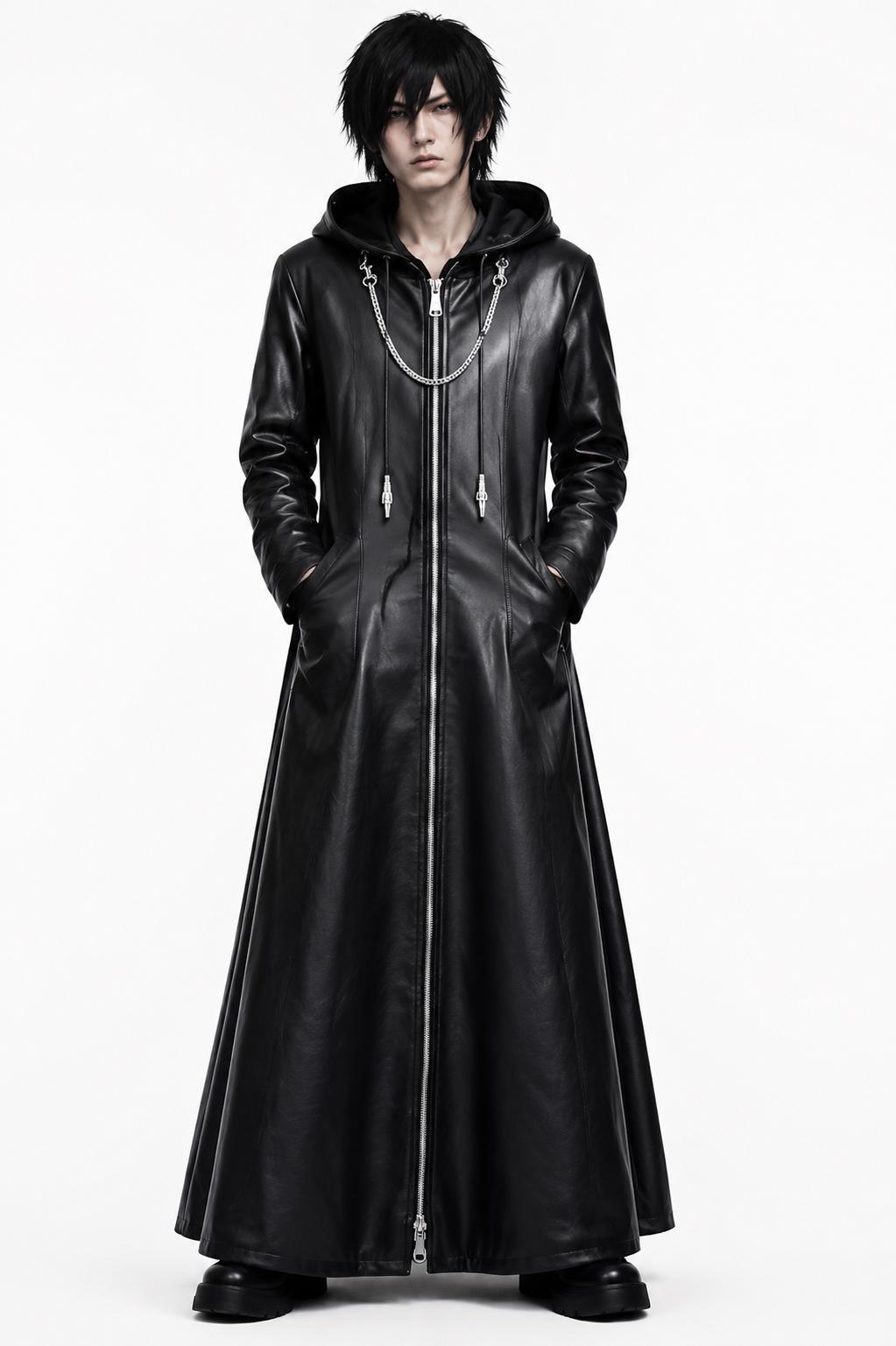 Kingdom Hearts Organization XIII Inspired Long Hooded Trench Coat, Black Cloak with Chain, Oversized Cosplay Jacket