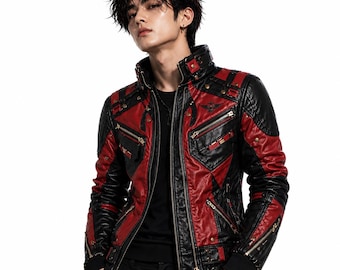 Men's Red Black Leather Jacket | Cyberpunk Biker Jacket | Hooded Motorcycle Coat | Techwear Streetwear Jacket | Cosplay Costume