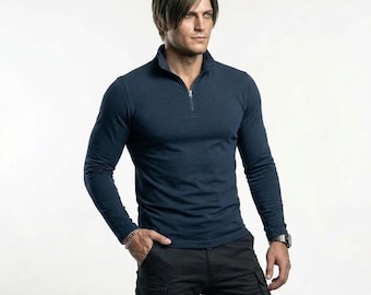 Leon Kennedy RE9 Cosplay Pullover | Dark Navy Tactical Quarter Zip Sweatshirt