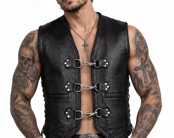 Men’s Black Leather Biker Vest | Motorcycle Club Chopper Vest | Metal Clasp Rocker Vest | Sleeveless Leather Motorcycle Vest | Gift for Him