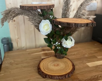 Rustic Wooden Cake Stand, Farmhouse Tiered Dessert Tower, Natural Wood Slice Display