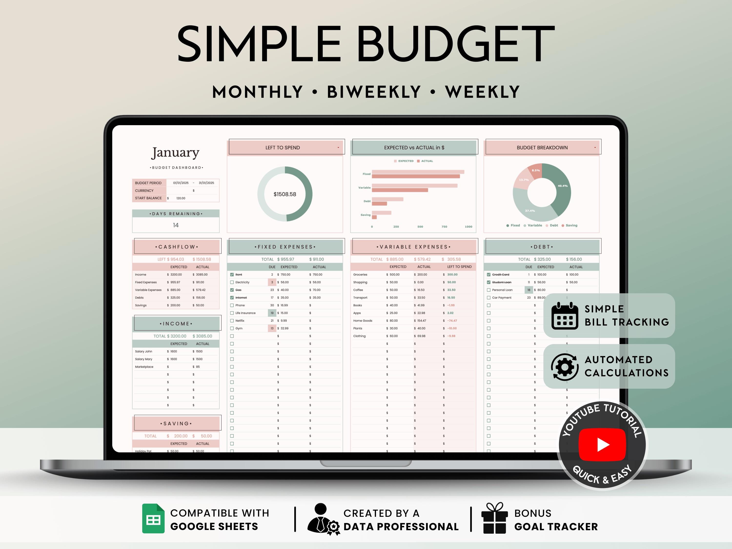 Budget One Page Examples One-tab Budget Planner: Simple Monthly Budget Spreadsheet for Google ...