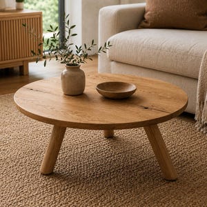 May include: A round, light brown wooden coffee table with three sturdy, angled legs. On the tabletop sits a small, beige ceramic vase containing a green leafy branch and a shallow, circular wooden bowl with a smooth, natural finish.
