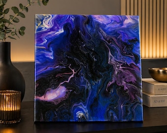 Abstract Resin Wall Art 12x12 | Purple Blue Modern Painting | Galaxy Inspired Canvas | Handmade Original Artwork | Contemporary Home Decor