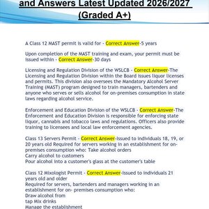 May include: A document titled "Washington Mast Exam | Actual Questions and Answers Latest Updated 2026/2027 (Graded A+)". The document provides information on MAST permits, including validity periods and requirements for servers and mixologists.