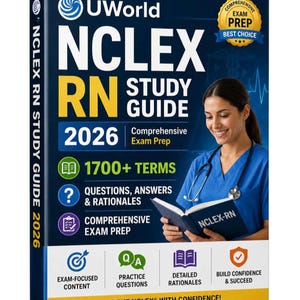 May include: A UWorld NCLEX RN 2026 study guide book with a dark blue cover. The front features the text NCLEX RN STUDY GUIDE 2026, 1700+ TERMS, QUESTIONS, ANSWERS & RATIONALES, and COMPREHENSIVE EXAM PREP. A gold badge reads COMPREHENSIVE EXAM PREP BEST CHOICE.