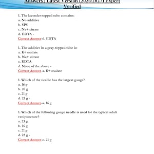 Può includere: Un documento con domande d'esame e risposte per l'esame PCT NHA. Il documento include domande sui tubi per la raccolta del sangue e sui calibri degli aghi. Il testo è in nero su sfondo bianco.