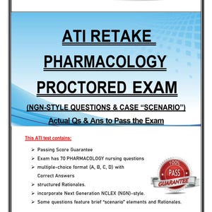 Puede incluir: Documento digital con el texto "ATI RETAKE PHARMACOLOGY PROCTORED EXAM" en negrita, negro. Incluye una flecha roja y las palabras "PDF download" en la parte superior. También hay una insignia de "100% PASS GUARANTEE".