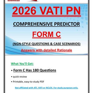 Puede incluir: Un gráfico de descarga PDF con el texto "2026 VATI PN Comprehensive Predictor Form C" en rojo y negro. La imagen incluye el texto "(PREGUNTAS DE ESTILO NGN Y ESCENARIOS DE CASO)" y "Respuestas con justificación detallada". La imagen también indica "Formulario C tiene 180 preguntas".