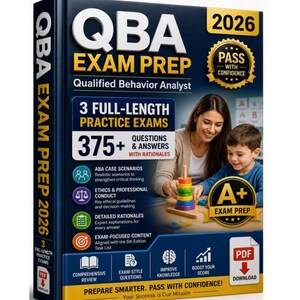 Op de afbeelding: Boekomslag voor QBA Exam Prep 2026, een studiehulp voor Qualified Behavior Analyst examens. De omslag toont een vrouw en een kind, kleurrijke blokken en pictogrammen. Bevat "3 volledige oefenexamens" en "375+ vragen & antwoorden".