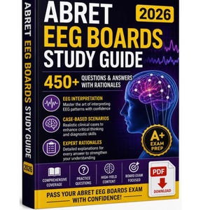 以下が含まれることがあります： 「ABRET EEG BOARDS STUDY GUIDE 2026」と題された白黒の学習ガイド。表紙には脳のイラスト、テキスト「450+ QUESTIONS & ANSWERS」、EEG解釈、ケースベースのシナリオ、専門家の論理的根拠のアイコンが描かれています。